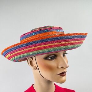 Whittall & Shon Women's Straw Sun Hat  Multi Color Sequin Wide Brim Striped